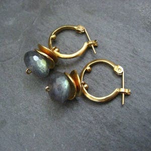 Labradorite small dotted hoop earrings, color flashes vary between greens/ blues or aqua's, satin gold finish image 2