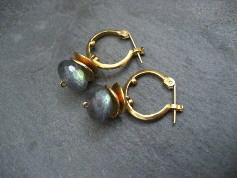 Labradorite small dotted hoop earrings, color flashes vary between greens/ blues or aqua's, satin gold finish image 2