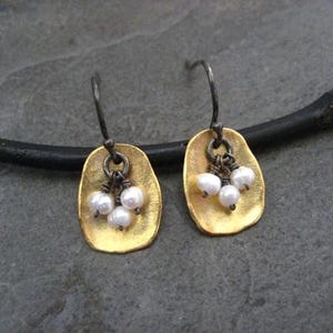 Pearl earrings, mixed metal, rectangle dangle, freshwater pearl, bead cluster, oxidized silver, gold, organic drop