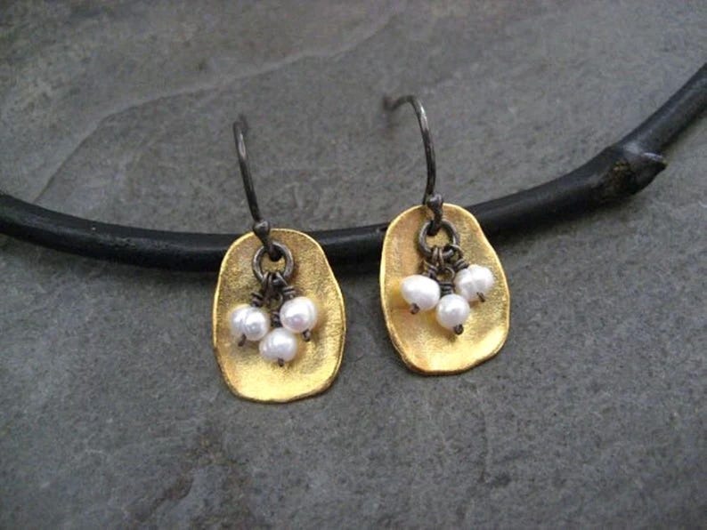 Pearl earrings, mixed metal, rectangle dangle, freshwater pearl, bead cluster, oxidized silver, gold, organic drop