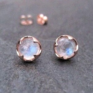 Rainbow moonstone stud earrings set in solid 14k rose gold, rose cut genuine gemstone with thorn prong setting