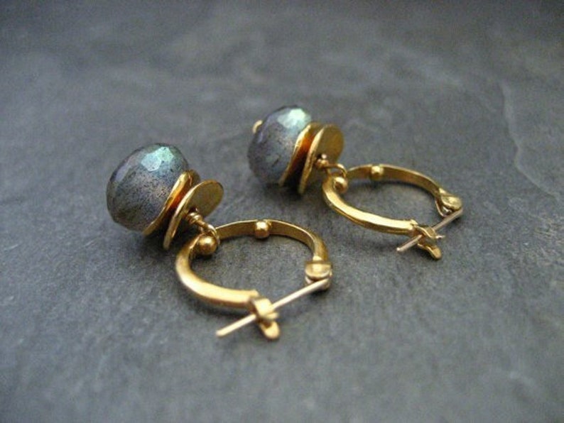 Labradorite small dotted hoop earrings, color flashes vary between greens/ blues or aqua's, satin gold finish image 1