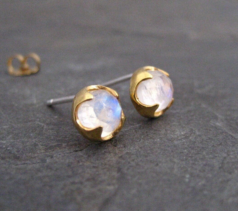 Moonstone stud earrings, 14k gold, rainbow color, rose cut, gold studs, round studs, genuine gemstone, blue flash studs, 7 mm image 1