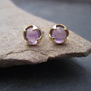 Amethyst stud earrings, rose cut cabochons, faceted amethyst, prong setting, round studs, February birthstone, gold and amethyst, 7 mm image 4