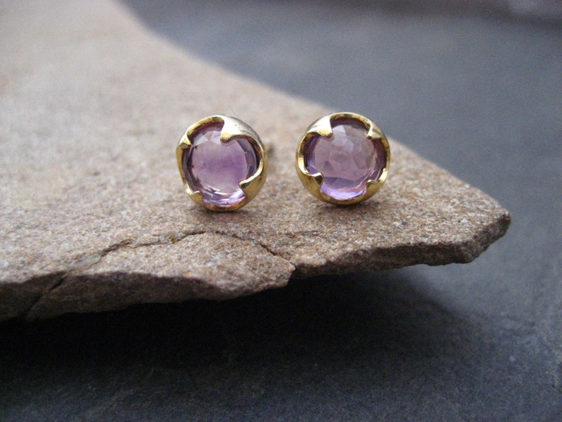 Amethyst stud earrings, rose cut cabochons, faceted amethyst, prong setting, round studs, February birthstone, gold and amethyst, 7 mm image 4