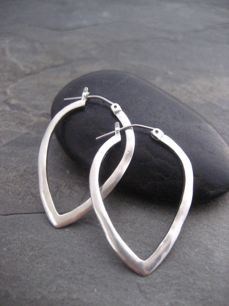 Rounded triangle shaped hoops, wavy shape, simple satin gold or oxidized silver hoops, medium size, edgy classic image 2