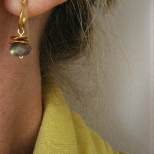 Labradorite small dotted hoop earrings, color flashes vary between greens/ blues or aqua's, satin gold finish image 4