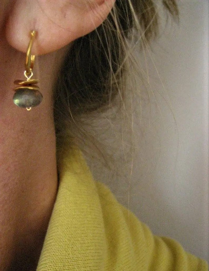 Labradorite small dotted hoop earrings, color flashes vary between greens/ blues or aqua's, satin gold finish image 4