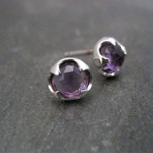 Amethyst stud earrings, rose cut cabochons, faceted amethyst, prong setting, round studs, February birthstone, gold and amethyst, 7 mm image 5