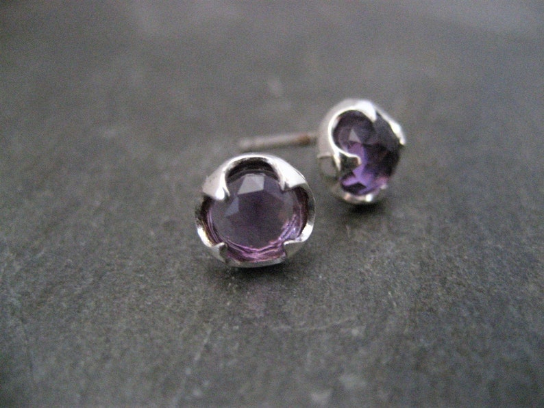 Amethyst stud earrings, rose cut cabochons, faceted amethyst, prong setting, round studs, February birthstone, gold and amethyst, 7 mm image 5