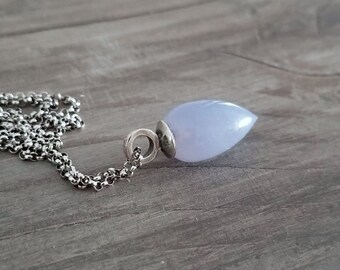 Blue chalcedony inverted teardrop necklace with oxidized silver rolo chain, genuine gemstone, handmade