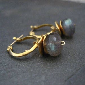 Labradorite small dotted hoop earrings, color flashes vary between greens/ blues or aqua's, satin gold finish image 3