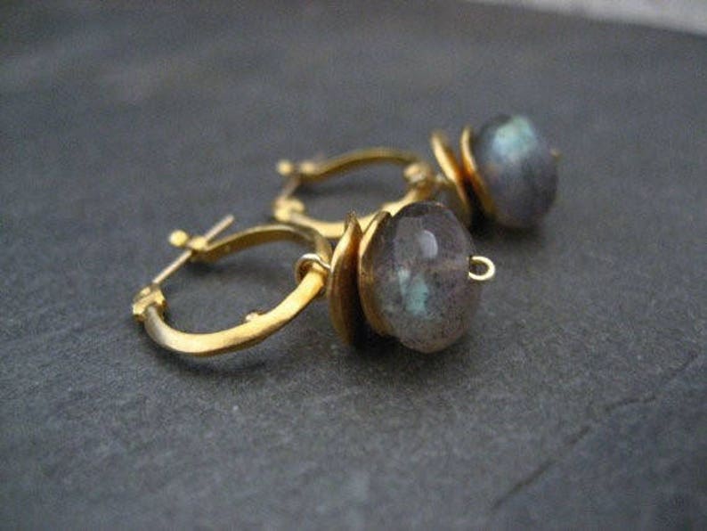 Labradorite small dotted hoop earrings, color flashes vary between greens/ blues or aqua's, satin gold finish image 3