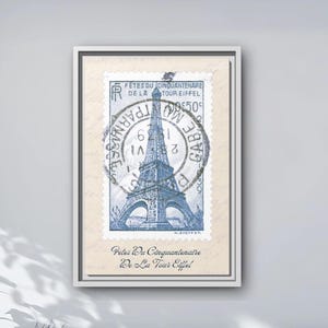 Framed Eiffel Tower Art Print: Vintage Paris Travel Stamp Wall Décor Blue Grandmillennial