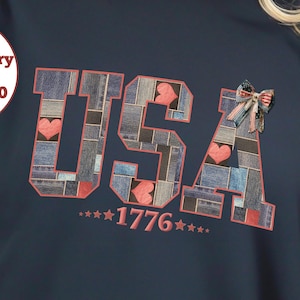 Faux-Embroidered Denim Pattern USA PNG America 250 Patriotism Shirt PNG Bow Sublimational Designs Fourth of-July Clipart Digital Download