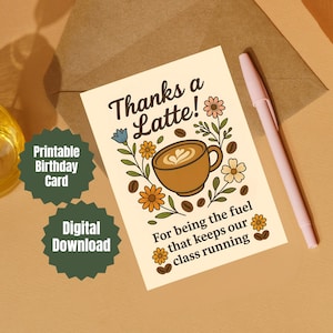 Cartão de agradecimento para professores para impressão, presente de fim de ano para café, cartão para professores para download, impressão em casa, cartão de agradecimento para sala de aula dos alunos