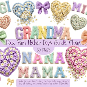 Könnte beinhalten: Eine Sammlung von Faux-Garn-Cliparts, darunter herzförmige Elemente mit Gänseblümchen, Schleifen und Wörtern wie "GIGI", "GRANDMA" und "MAMA". Die Farbpalette umfasst Pastelltöne wie Rosa, Lila und Blau. Der Text "Faux Yarn Mother Days Bundle-Clipart" ist ebenfalls sichtbar.