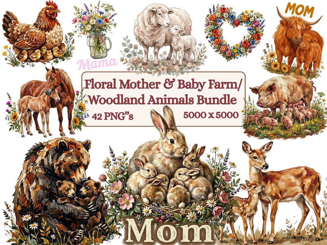Cute Woodland Animals Mom Day PNG Bundle Baby Animal Cuteness Clipart ...
