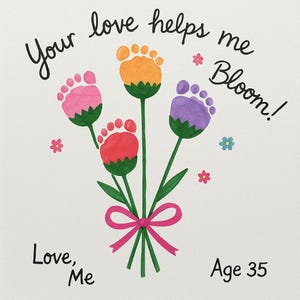Voetafdrukkunst Moederdag – Grappig handgemaakt cadeau van volwassen kind – Tulpenboeket – 'Your Love Helps Me Bloom'