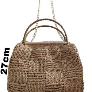 Handgemachte Häkeltasche aus Bio-Papier, Schultertasche aus gewebtem Stroh, Sommerstrandtasche mit Goldkette, Boho Style Eco Bag, Geschenk für Sie