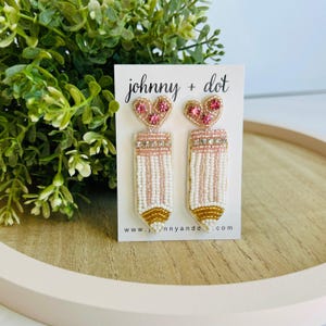 Beaded Pink Pencil Earrings, Teacher Earrings, Classroom Earrings
