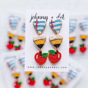 Teacher Earrings, Beaded Paper Pencil Apple Dangle Earrings, Back to School Gift, Teacher Appreciation