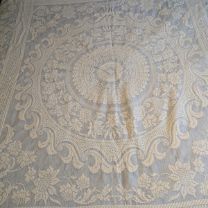May include: A light blue bedspread featuring a large, intricate white floral and scrollwork pattern. The design includes a central circular medallion surrounded by detailed botanical motifs, framed by a wide, textured border with geometric patterns.