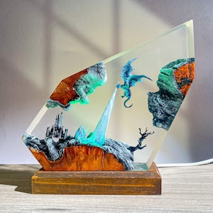 Dragon Resin Lamp – Handmade Fantasy Epoxy Light with Castle & Fire Scene | LED Night Light, Unique Gift for Fantasy Lovers