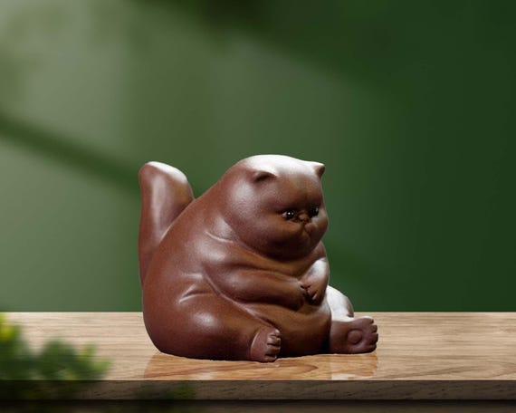 Zen Cat Statue: Handmade Zisha Clay Cat Tea Pet, Table Decor