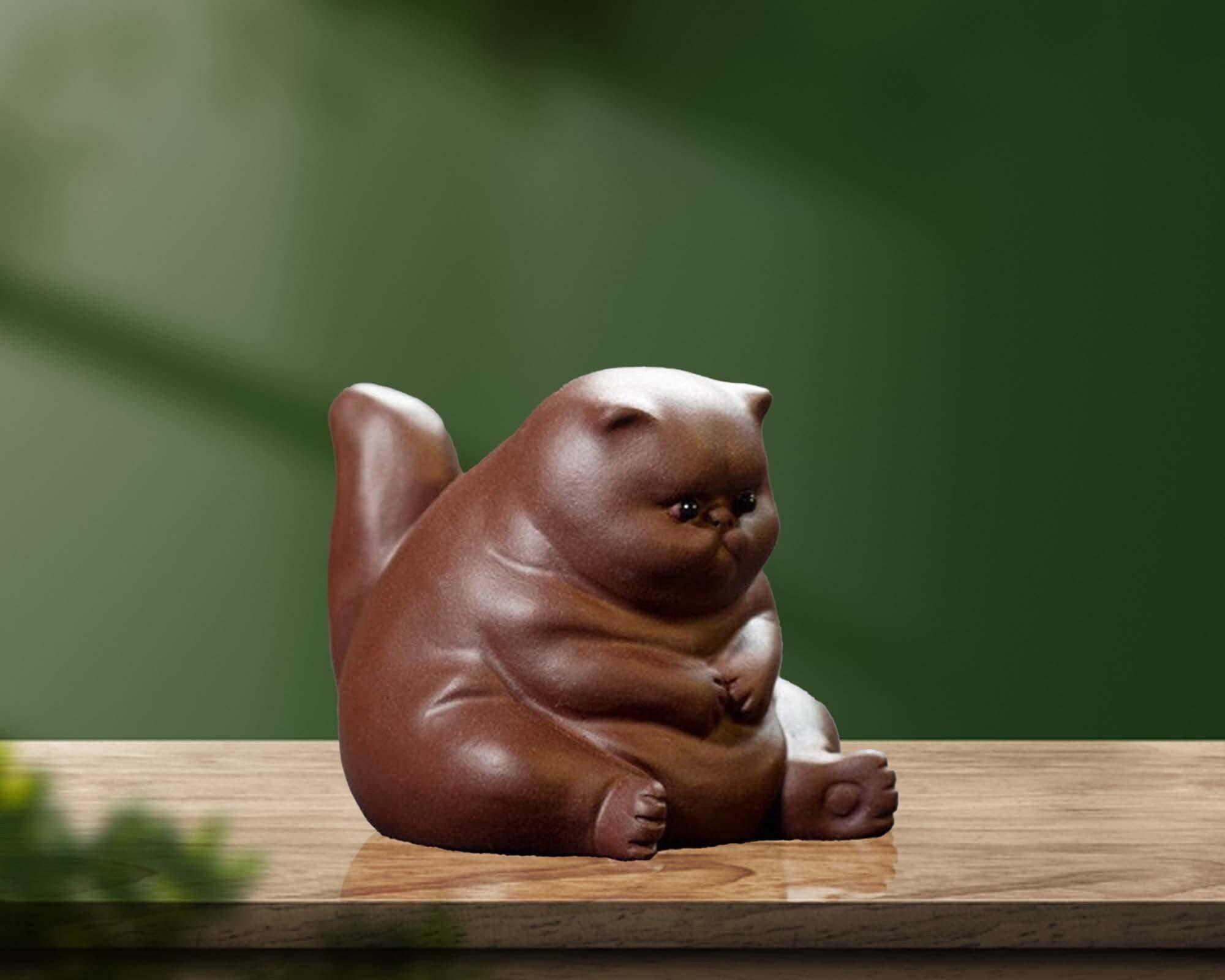 Zen Cat Statue: Handmade Zisha Clay Cat Tea Pet, Table Decor
