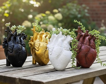 Anatomical Heart Vase, Black & White Resin Planter, Gothic Decor, Creepy Cute Halloween Vase, Unique Flower Pot, Oddities Home Gift Ornament