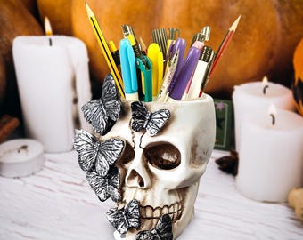 Dark Academia Desk Accessory, Gothic Pencil Cup, Butterfly Skull Makeup Brush Holder, Witchy Room Decor, Spooky Vanity Organizer