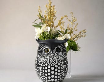 Owl Statue Home Decor, Carved Resin Owl Figurine, Gold White Black Bird Sculpture, Tabletop Shelf Accent, Housewarming Gift