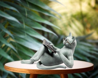 Whimsical Literary Cat Figurine with Glasses, Bookworm Kitten Desk Decor, Unique Housewarming Gift for Readers, Resin Office Shelf Ornament