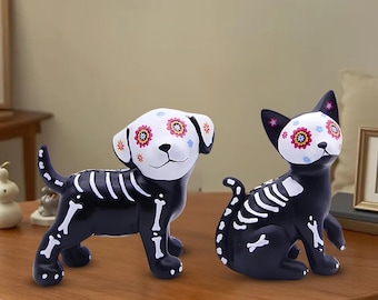 Day of The Dead Pet Skeleton Dog Cat Decor, Mini Dog Statue, Mini Cat Statue, Gothic Home Spooky Decor, Animal Lover Figurine, Cute Statue.