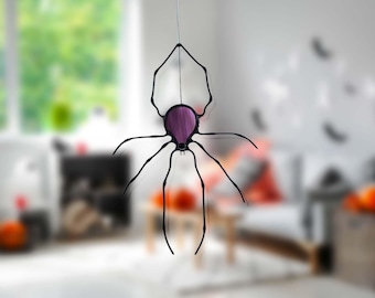 Spider Stained Glass Window Hangings, Halloween Decor Indoor, Ghost Spider Ornament, Unique Stained Glass Suncatcher, Unique Gift for Friend