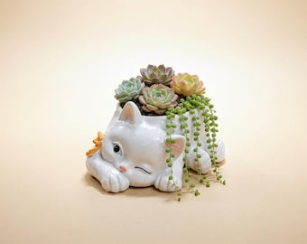 Winking Cat Succulent Planter, Cute Ceramic Kitty Flower Pot, Sleeping Kitten Plant Pot for Desk and Garden, Cat Lover Gift