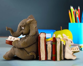 Elephant And Rabbit Reading Learning Statue, Resin Animal Statues For Bookends, Home Decor, Shelf Decor.