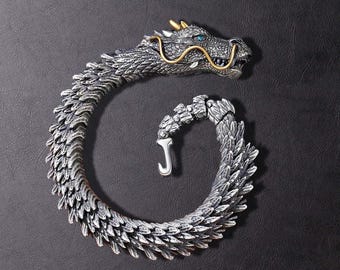 Bracciale a serpente, Bracciale a drago in argento vintage, Bracciale Ouroboros in argento con testa di drago, Bracciale a drago in regalo, Bracciale da uomo gotico retrò