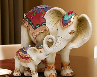Colorful Elephant Figurine with Baby, Handcrafted Resin Elephant Statue, Feng Shui Decor, Good Luck Gift, Home & Office Ornament And Decor.