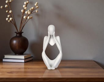 SanStone Thinker Statue, Modern Thinker Home Sculpture, Abstract Figure White Sculpture, Pensive Statue Desk Sculpture, Office Ornament.
