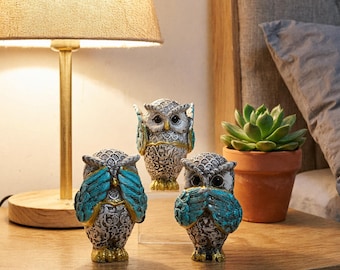 Resin Owl Figurines Set: See No Evil, Hear No Evil, Speak No Evil, Mini Owl Decor Shelf Bookshelf Home Decor Gift (Set of 3 )