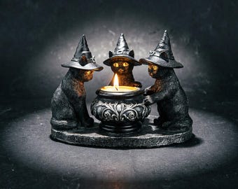 Witch Cat Candle Holder, Black Cat Cauldron Tea Light Holder, Halloween Gothic Decor, Witchy Spooky Home Gift