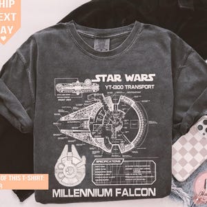 Retro 80s Star Wars Millennium Falcon Tee, Crop Top, Vintage Grey Schematics Design, Star Wars Gift, Disney Collection, Classic Sci-Fi Shirt