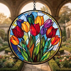 May include: A round stained glass window featuring a bouquet of tulips in shades of red, orange, yellow, and purple. The flowers have green leaves and are set against a blue and gold background. The window is framed in black and hangs from a chain.