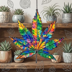 Tie Dye Cannabis Leaf Acrylic Faux Stained Glass Suncatcher, Colorful Leaf Window Hanging, 420 Gift for Weed Lovers & Hippie Souls