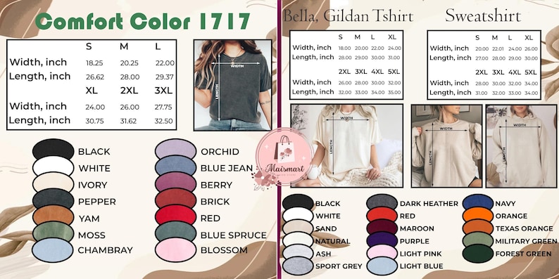May include: Image features size charts for Comfort Color 1717, Bella, Gildan T-shirts, and sweatshirts. Charts include measurements in inches for width and length, along with color options like black, white, and blue.