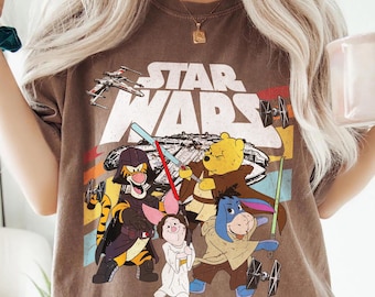 Camiseta retro de Star Wars de los 90 con Winnie the Pooh y sus amigos, diseño Galaxy's Edge, que la fuerza te acompañe, Winnie the Pooh