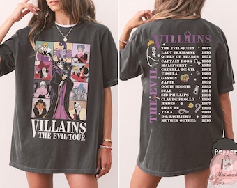 レトロな80年代ディズニーヴィランズイービルツアーTシャツ、子供用シャツ、ヴィンテージ両面デザイン、悪い魔女と邪悪な女王シャツ、ディズニーの悪役仲間とお揃い