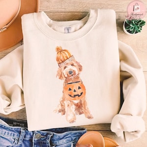 Halloween Golden Doodle T-Shirt, Cute Pumpkin Dog Design, Doodle Mom Tee, Halloween Women&#39;s Clothing, Beanie Dog Lover Gift, Retro 90s Style
